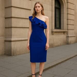 MARINA One-Shoulder Blue Ruffle Dress - Size 8, Elegant & Chic